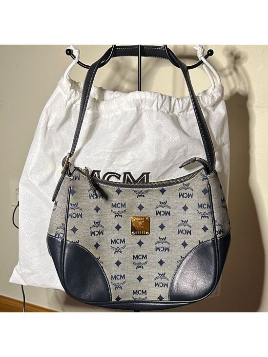 MCM Handbags - MCM Navy & Gray Monogram Leather & Denim Shoulder Bag